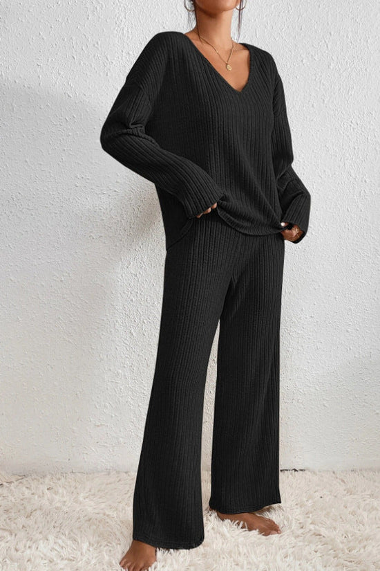 Women's Ribbed Knit V-Neck Top & Wide-Leg Trousers Set