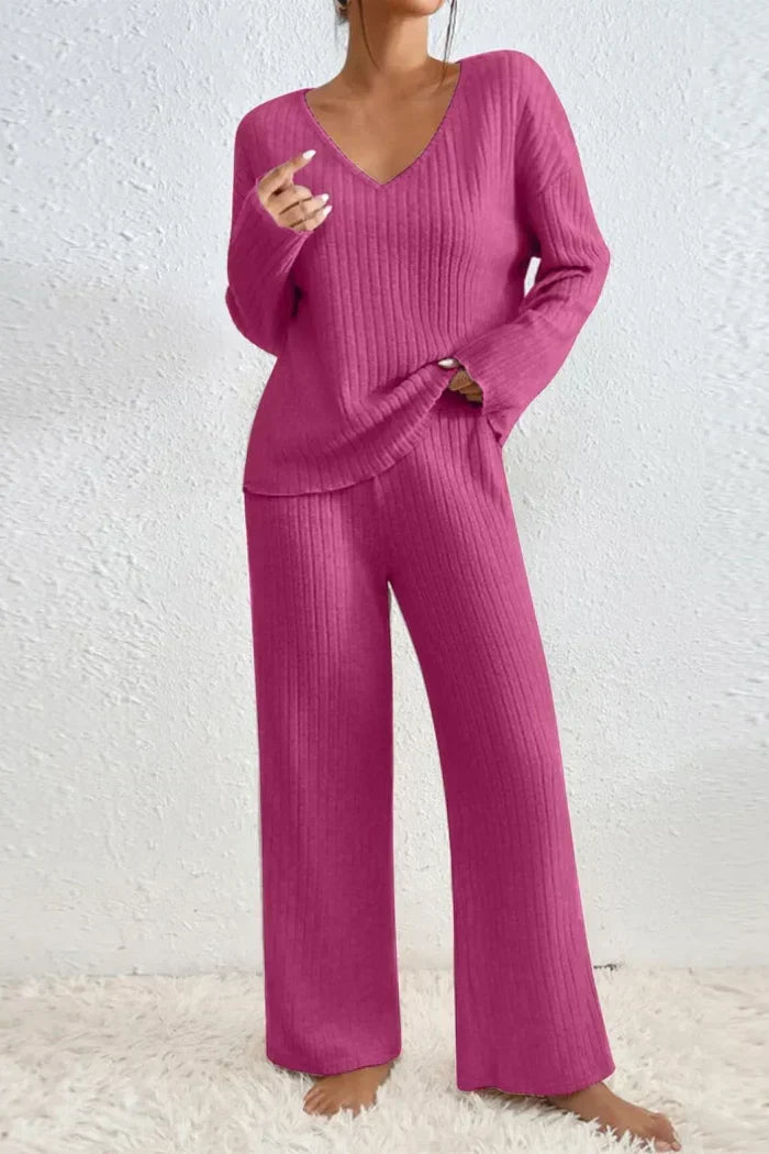 Women's Ribbed Knit V-Neck Top & Wide-Leg Trousers Set