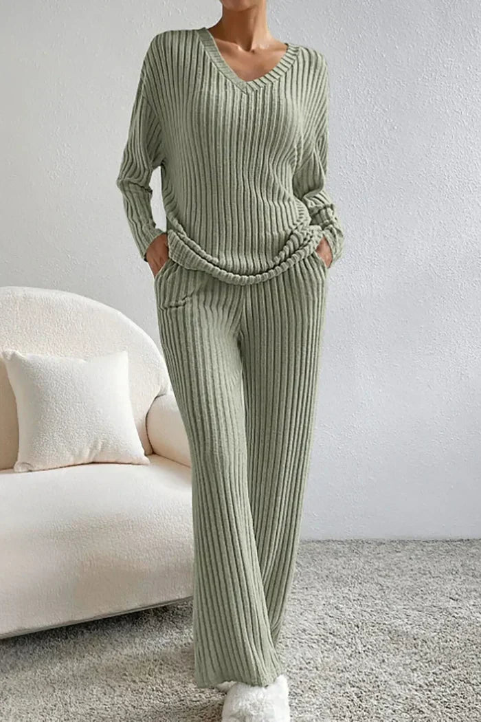 Women's Ribbed Knit V-Neck Top & Wide-Leg Trousers Set