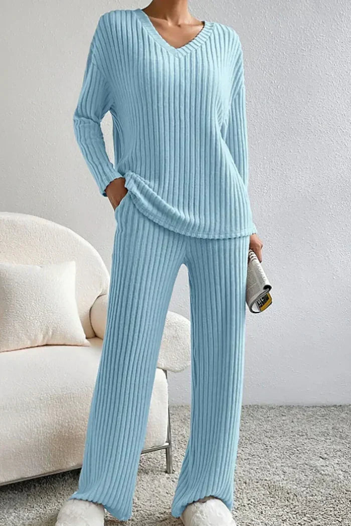 Women's Ribbed Knit V-Neck Top & Wide-Leg Trousers Set