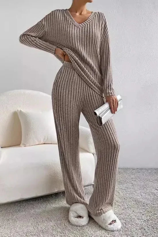 Women's Ribbed Knit V-Neck Top & Wide-Leg Trousers Set