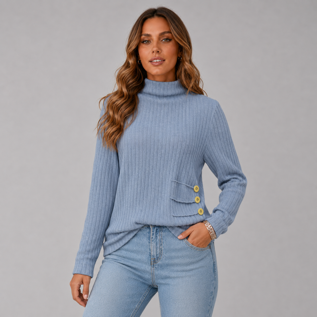 Wilhelmina-Belle Side Button Rib Turtleneck