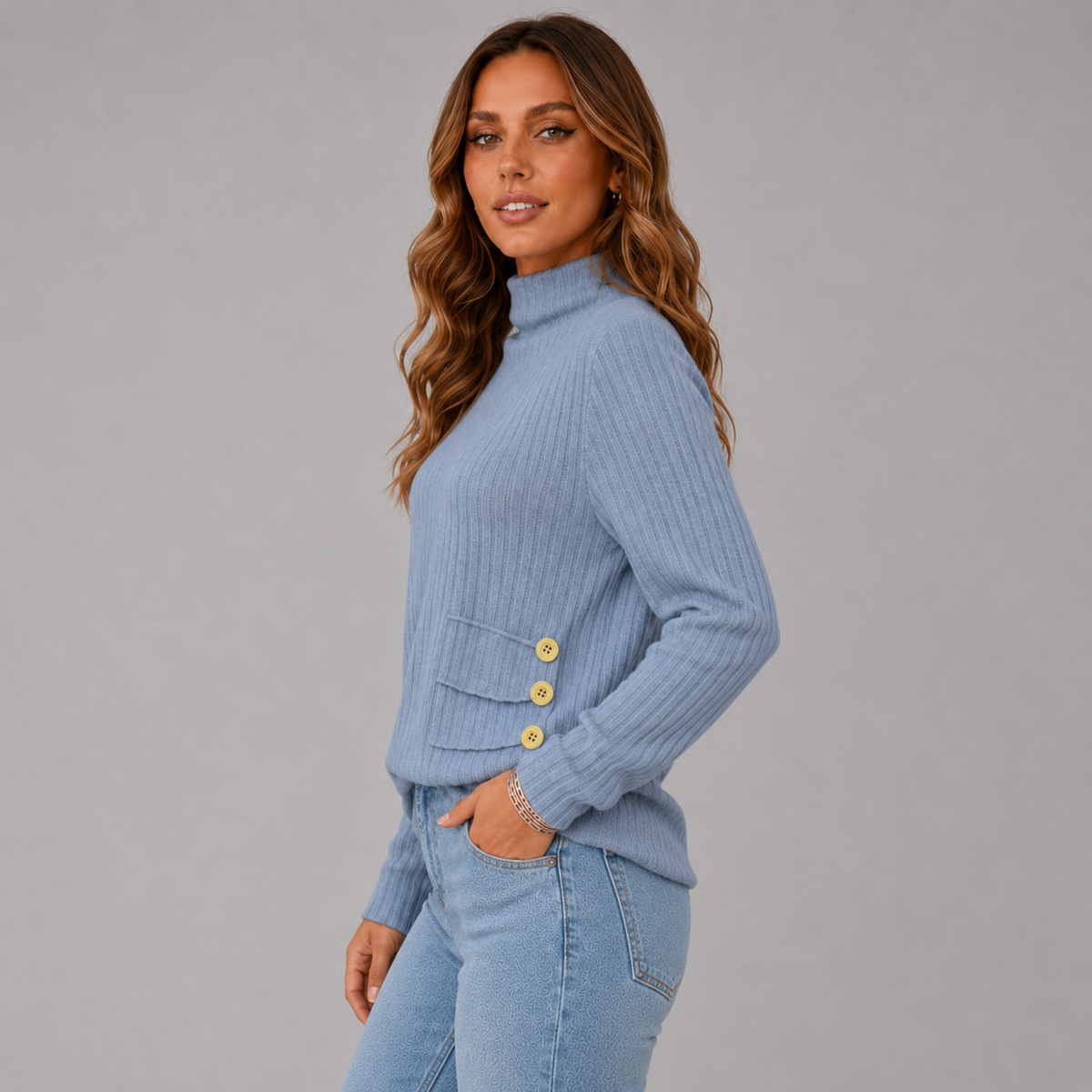 Wilhelmina-Belle Side Button Rib Turtleneck