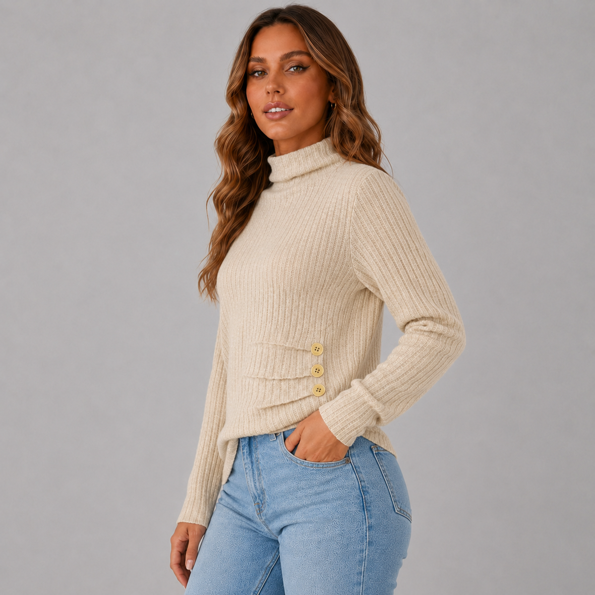 Wilhelmina-Belle Side Button Rib Turtleneck