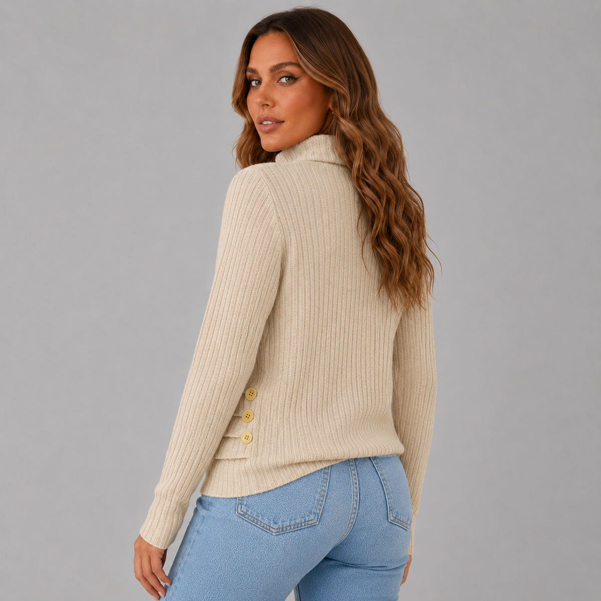 Wilhelmina-Belle Side Button Rib Turtleneck