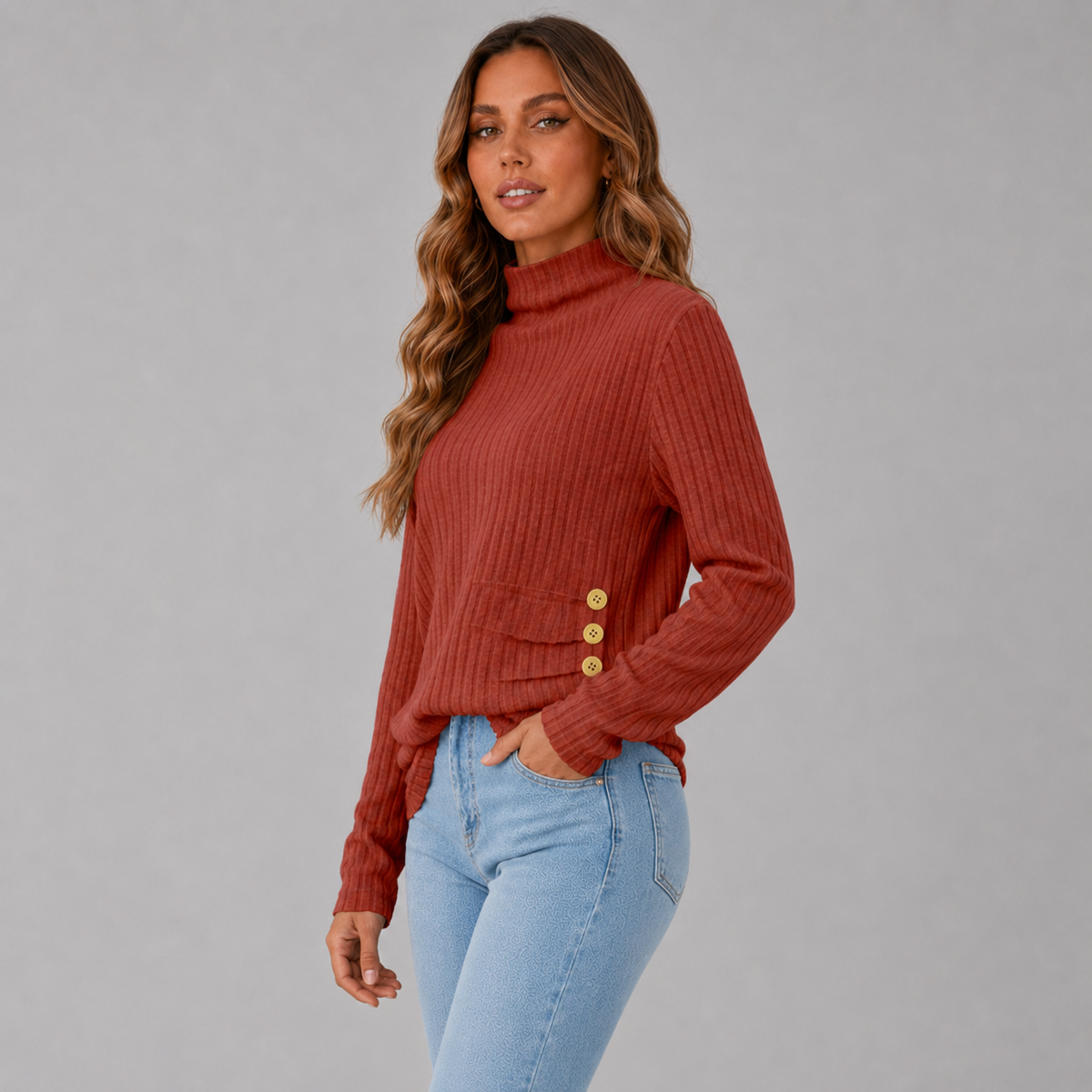 Wilhelmina-Belle Side Button Rib Turtleneck