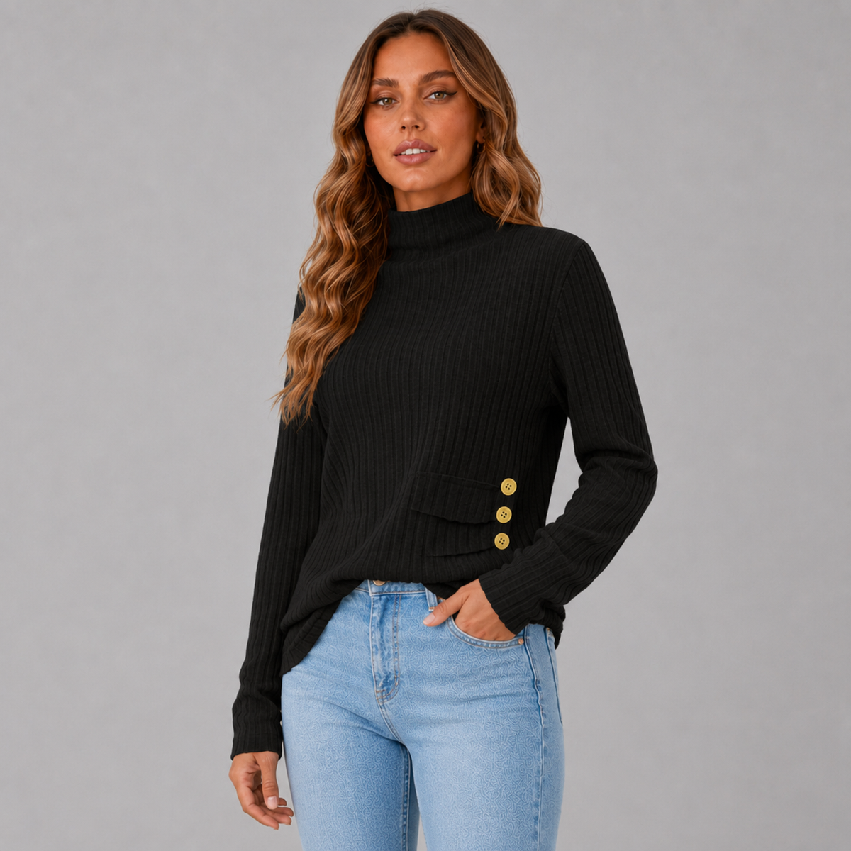 Wilhelmina-Belle Side Button Rib Turtleneck