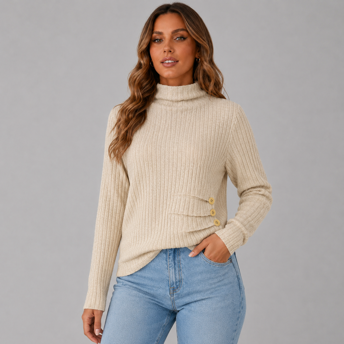 Wilhelmina-Belle Side Button Rib Turtleneck