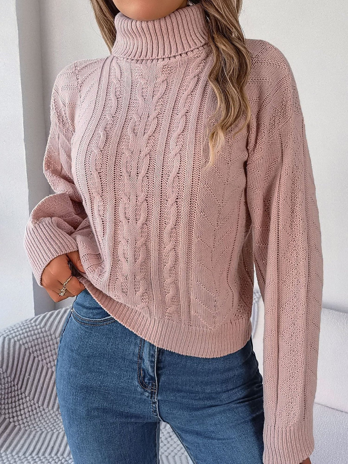 Gilda Cable Turtleneck Puff Sleeve Sweater