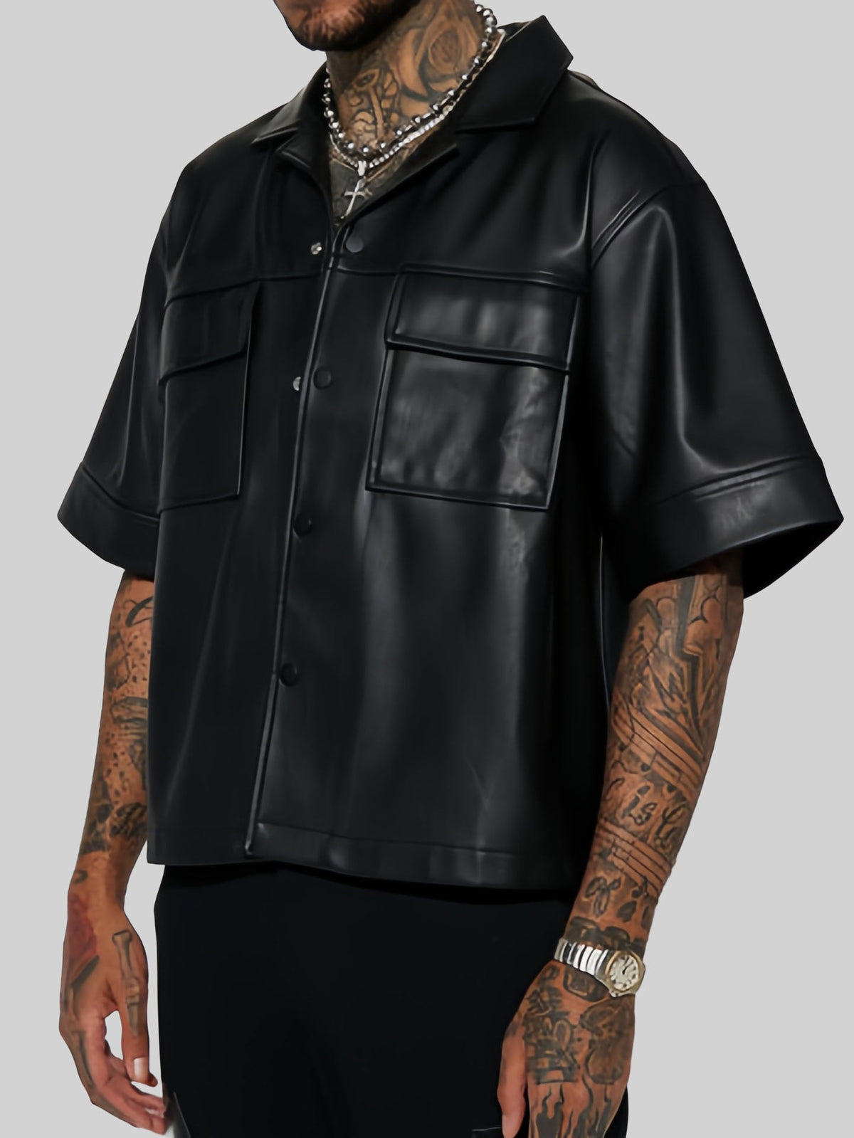 Rick - Men's Short Sleeve Faux Leather Jacket with Flap Pockets