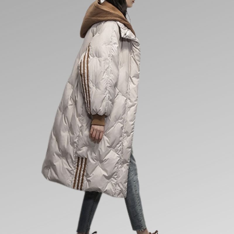 Women’s Long Hooded Quilted Winter Coat with Contrast Sleeve Stripes – Relaxed Fit Padded Outerwear with Ribbed Cuffs for Everyday Cold-Weather Dressing
