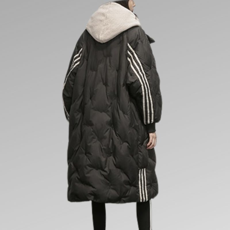 Women’s Long Hooded Quilted Winter Coat with Contrast Sleeve Stripes – Relaxed Fit Padded Outerwear with Ribbed Cuffs for Everyday Cold-Weather Dressing