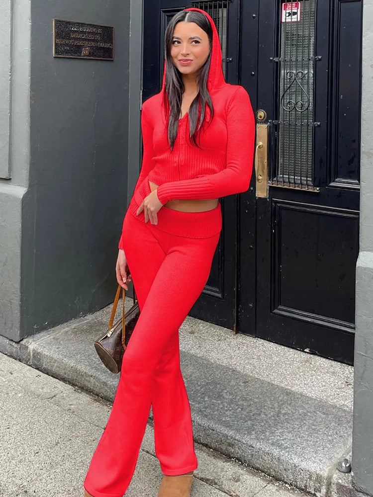 Women's Zip Front Lounge Set with Cropped Top and Flared Trousers