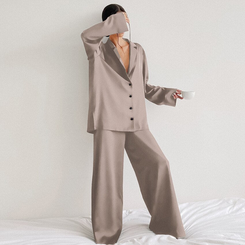Women's Satin Wide Leg Pyjama Set | Button-Up Lounge Set