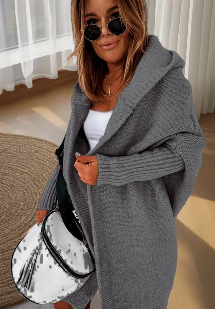 Women's Knit Hooded Cardigan with Batwing Sleeves
