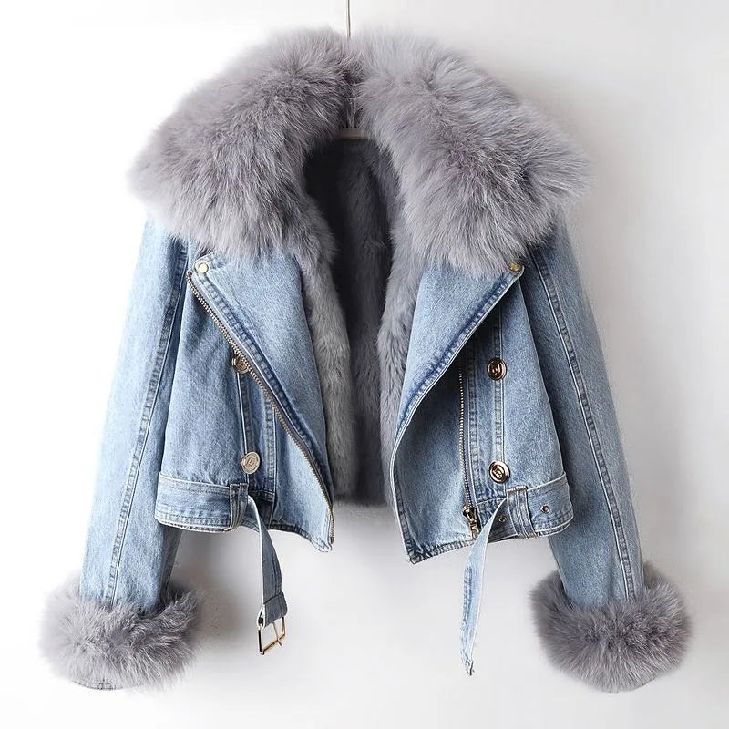 Women's Cropped Denim Biker Jacket with Plush Faux Fur Collar and Cuffs – Warm Lined Winter Outerwear with Asymmetric Zip Fastening and Adjustable Waist Belt for Elegant Casual Autumn and Winter Streetwear