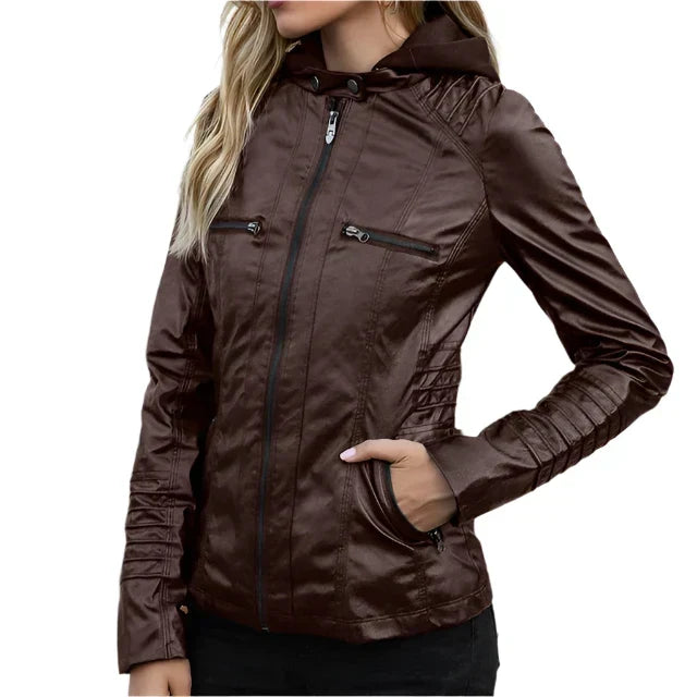 Women’s Hooded Leather-Look Jacket with Zip Details – Fitted Silhouette for Everyday and Mid-Season Styling
