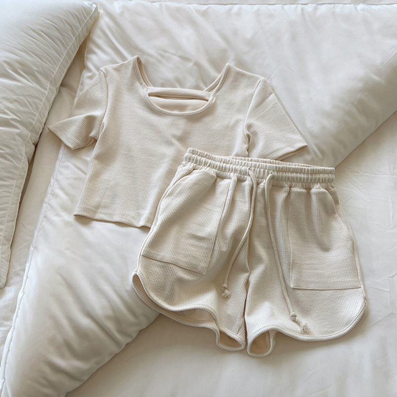 Women's Ribbed Loungewear Set Short Sleeve with Shorts