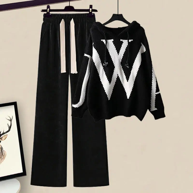 Women’s Knitted Hooded Jumper and Wide-Leg Trouser Set – Relaxed Cotton-Blend Two-Piece Outfit with Bold Contrast Detailing for Autumn