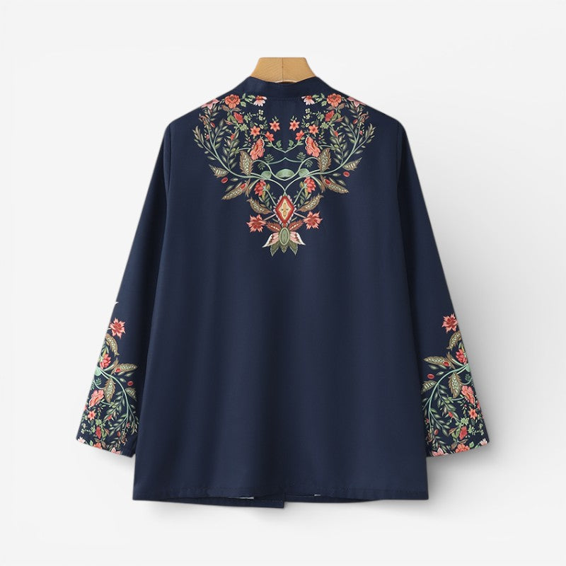 Women's Floral Print Longline Jacket with Decorative Buttons – Relaxed Mandarin Collar Lightweight Jacket with Flap Pocket Details for Spring and Autumn