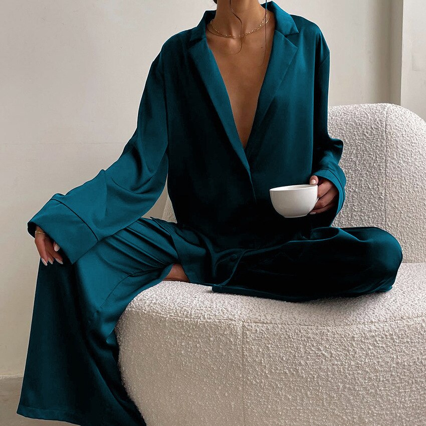 Women's Satin Wide Leg Pyjama Set | Button-Up Lounge Set