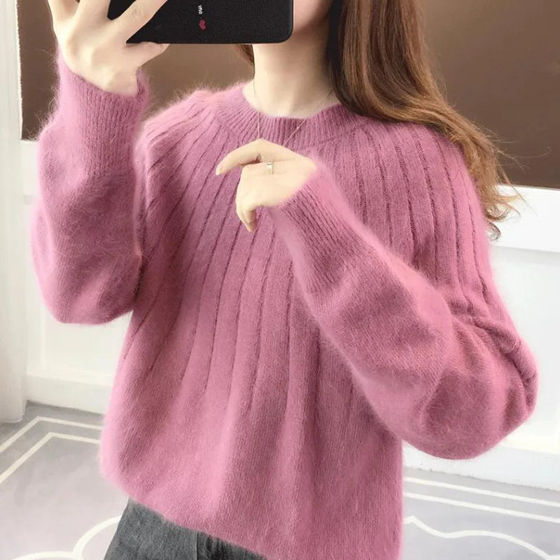 Women's Soft Cashmere Ribbed Knit Sweater with Classic Crew Neck and Relaxed Oversized Fit – Elegant Fluffy Long Sleeve Pullover for Comfortable Autumn and Winter Smart Casual Everyday Wear