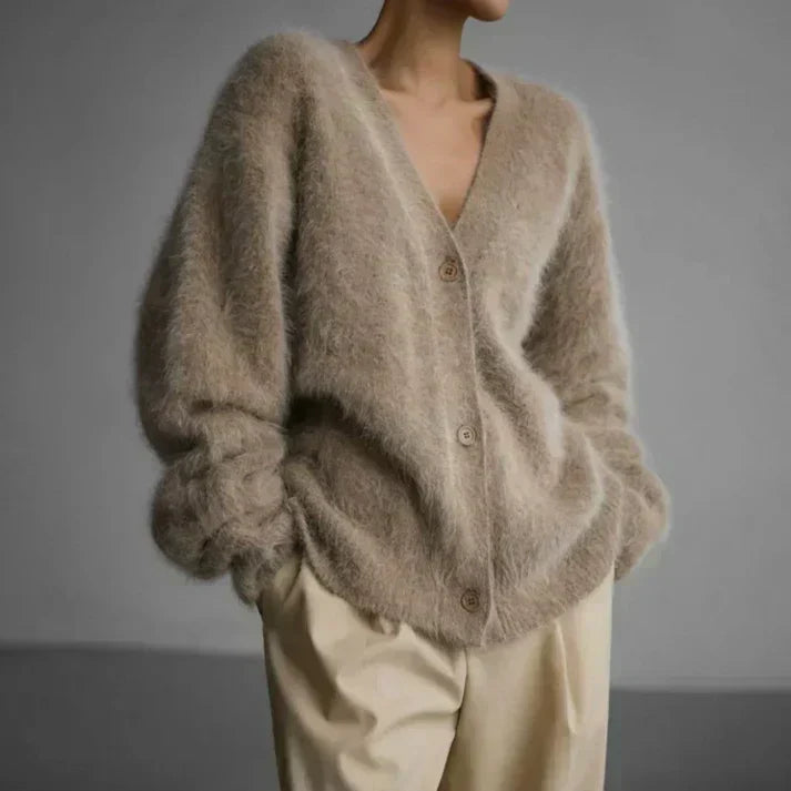 Women's V-Neck Button-Front Cardigan with Drop Shoulders