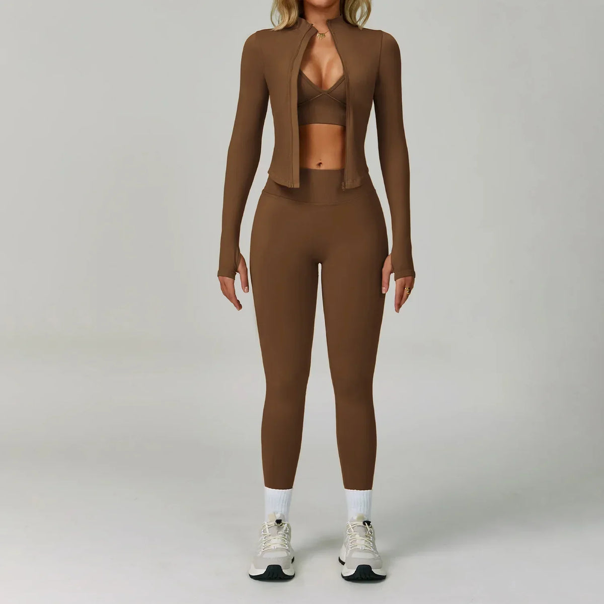 Women’s Seamless Three-Piece Activewear Set with Zip-Up Jacket and High Waisted Leggings – Stretchy Sports Bra and Fitness Outfit for Yoga and Gym Workouts