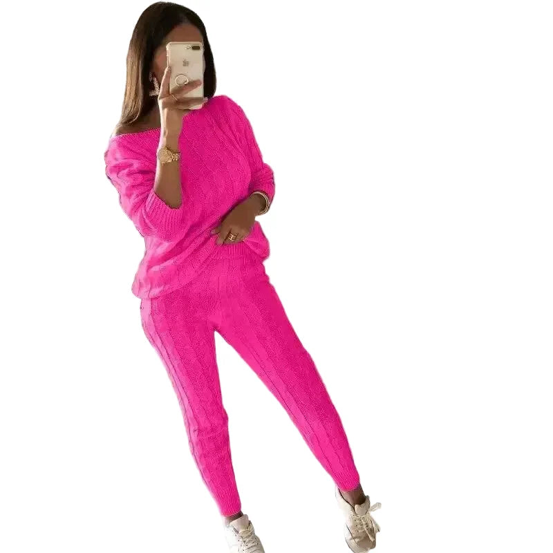 Women’s Cable Knit Jumper and Jogger Set with Wide Neckline – Relaxed Two-Piece Lounge Outfit with Cuffed Trousers for Autumn and Winter