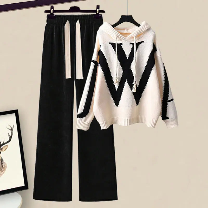 Women’s Knitted Hooded Jumper and Wide-Leg Trouser Set – Relaxed Cotton-Blend Two-Piece Outfit with Bold Contrast Detailing for Autumn