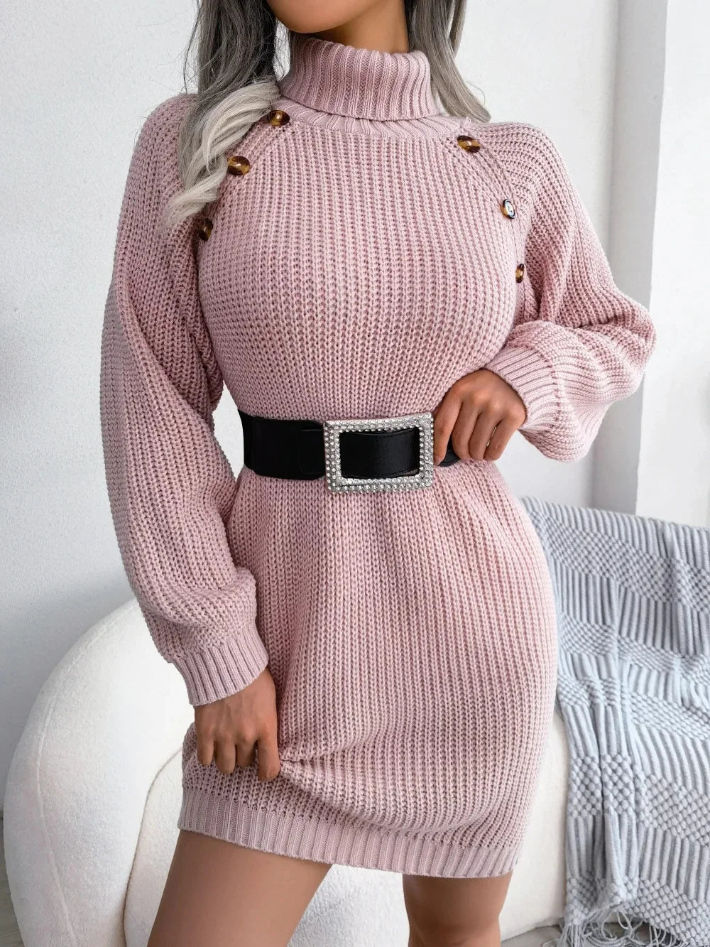 Women’s Ribbed Knitted Sweater Dress with Roll Neck and Decorative Shoulder Buttons – Soft Mini Style with Full Sleeves for Autumn and Winter Dressing