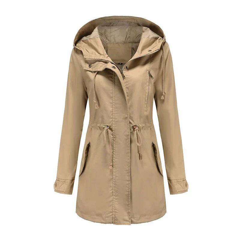 Women's Lightweight Hooded Parka Jacket with Adjustable Drawstring Waist and High Neck – Relaxed Fit Long Sleeve Utility Outerwear with Front Pockets for Casual Spring and Autumn Everyday Wear