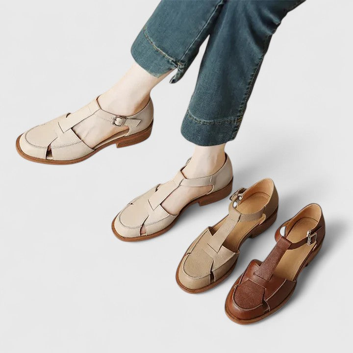 Women's T-Strap Sandals with Buckle and Low Stacked Heel