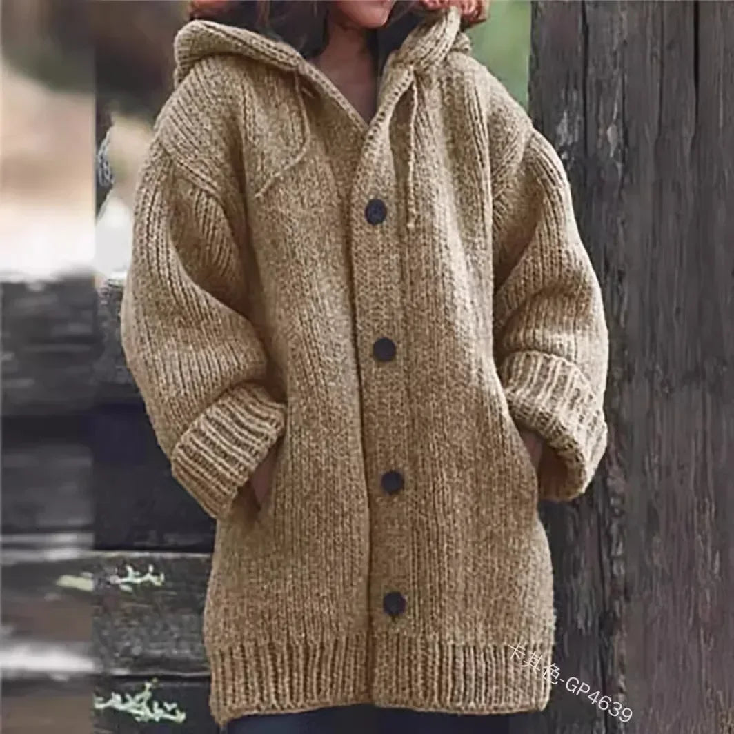Women's Chunky Knit Hooded Cardigan with Oversized Collar and Large Button Front – Relaxed Fit Longline Knitted Sweater with Deep Pockets and Ribbed Cuffs for Cosy Autumn and Winter Everyday Wear