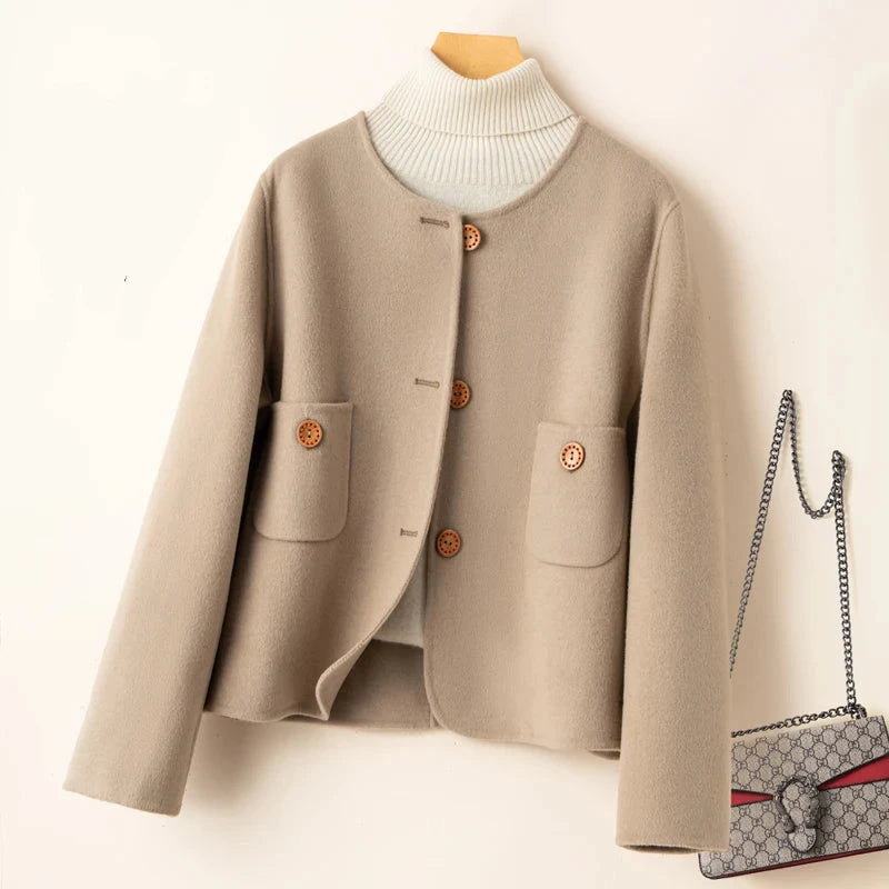 Women's Elegant Cropped Wool Blend Jacket with Round Neck and Button Front – Relaxed Fit Short Tailored Outerwear with Patch Pockets and Long Sleeves for Smart Casual Office Wear and Autumn Spring Layering