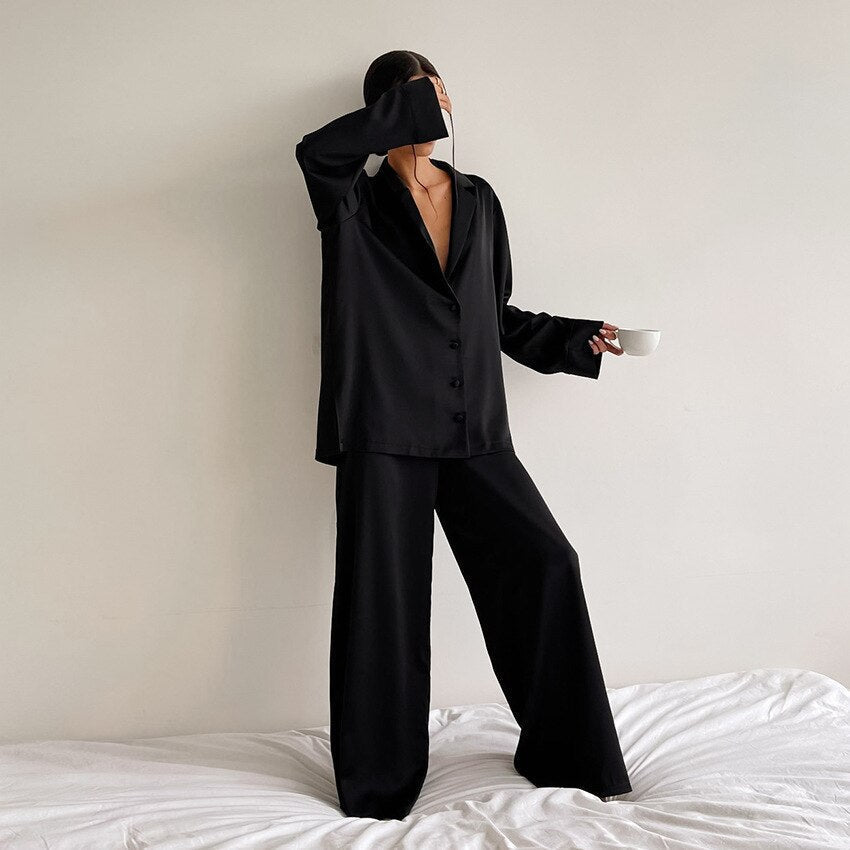 Women's Satin Wide Leg Pyjama Set | Button-Up Lounge Set