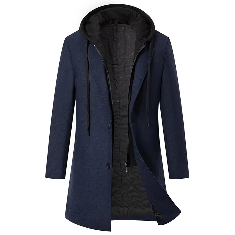 Men's Hooded Wool-Blend Trench Coat | Long Winter Overcoat