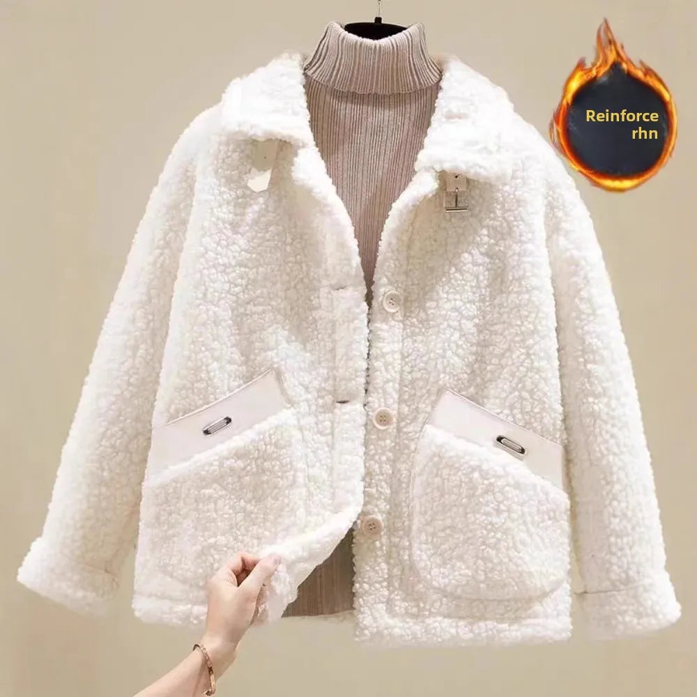 Women’s Oversized Teddy Jacket with Buckle Collar and Contrast Pocket Trim – Cosy Button-Front Outerwear for Autumn and Winter