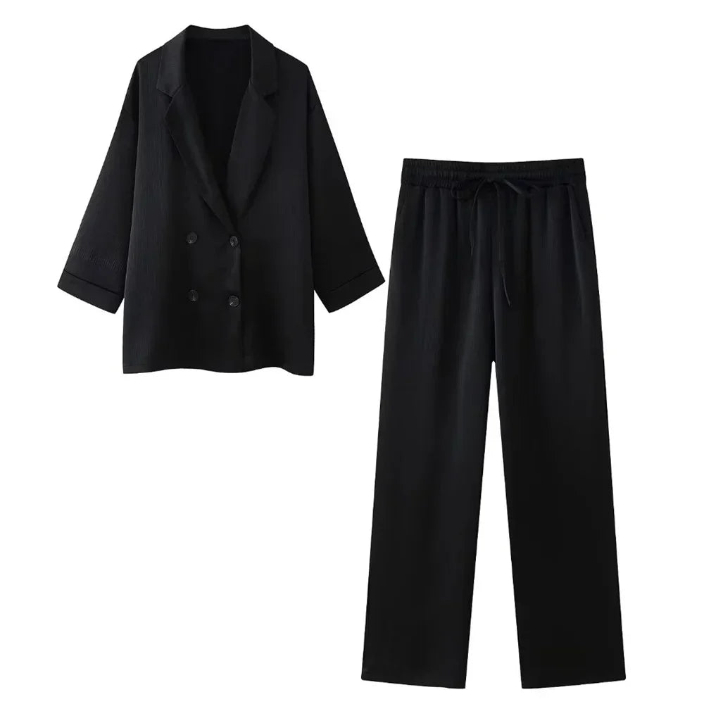 Women's Double-Breasted Blazer and Wide-Leg Trousers Set – Elegant Relaxed Tailored Suit for Office and Formal Occasions