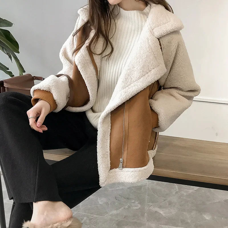 Women's Faux Shearling Aviator Jacket | Suede Biker Coat