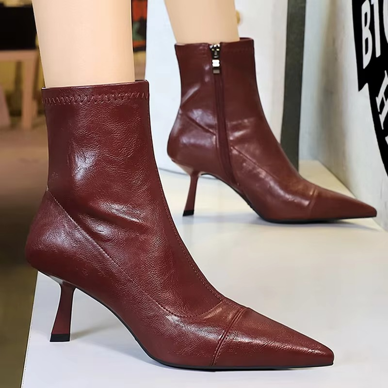 Women's Leather Pointed Toe Ankle Boots with Side Zip