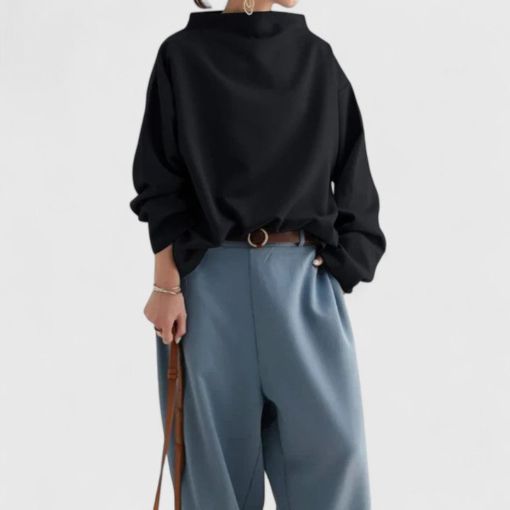 Women's Elegant High Neck Long Sleeve Top – Relaxed Fit with Draped Funnel Neck for Smart Casual and Office Wear