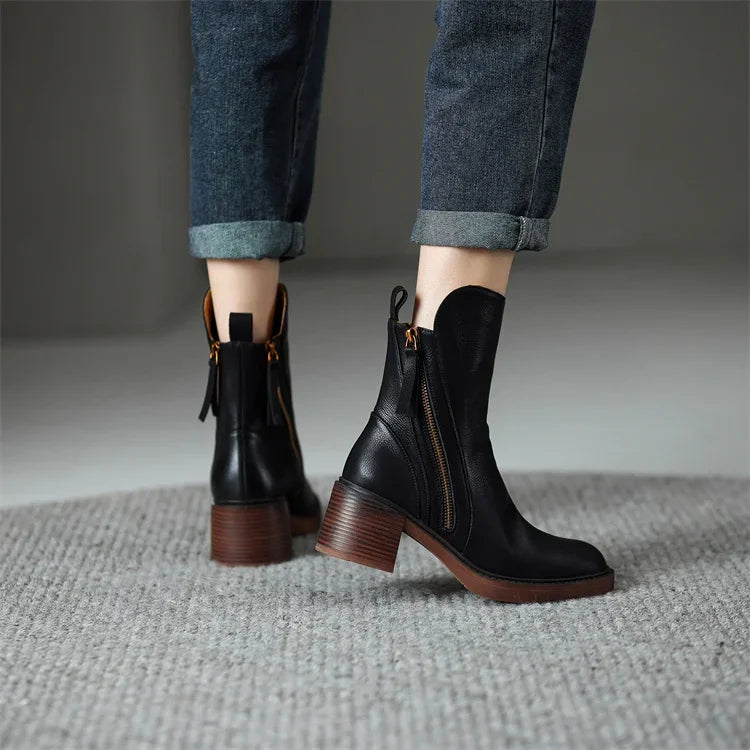 Women's Block Heel Ankle Boots | Tan Leather Finish