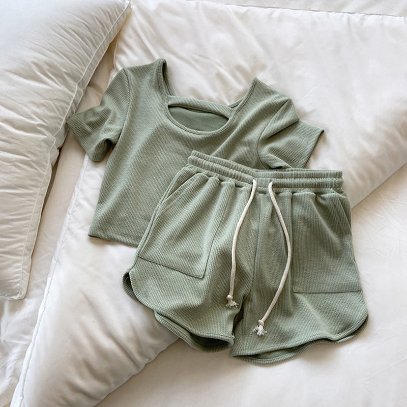 Women's Ribbed Loungewear Set Short Sleeve with Shorts