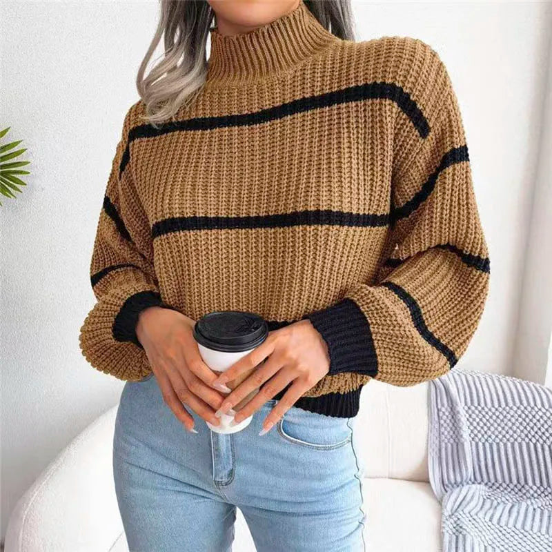 Women’s Striped Knitted Sweater with Ribbed High Neck and Contrast Cuffs – Relaxed Fit Chunky Knitwear for Casual Autumn and Winter Dressing