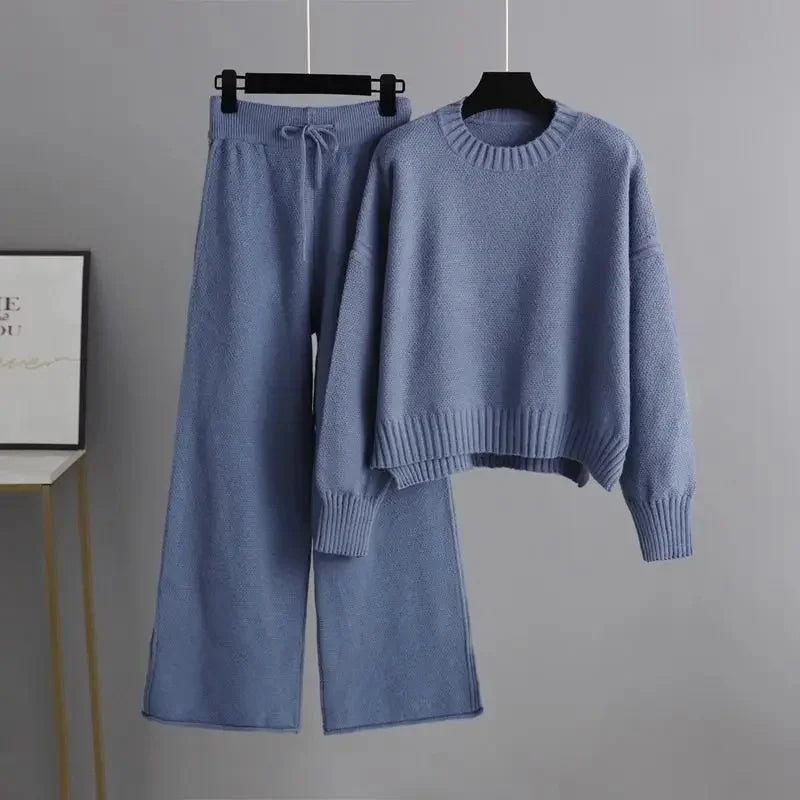 Women's Ribbed Knit Two-Piece Set Round Neck Jumper