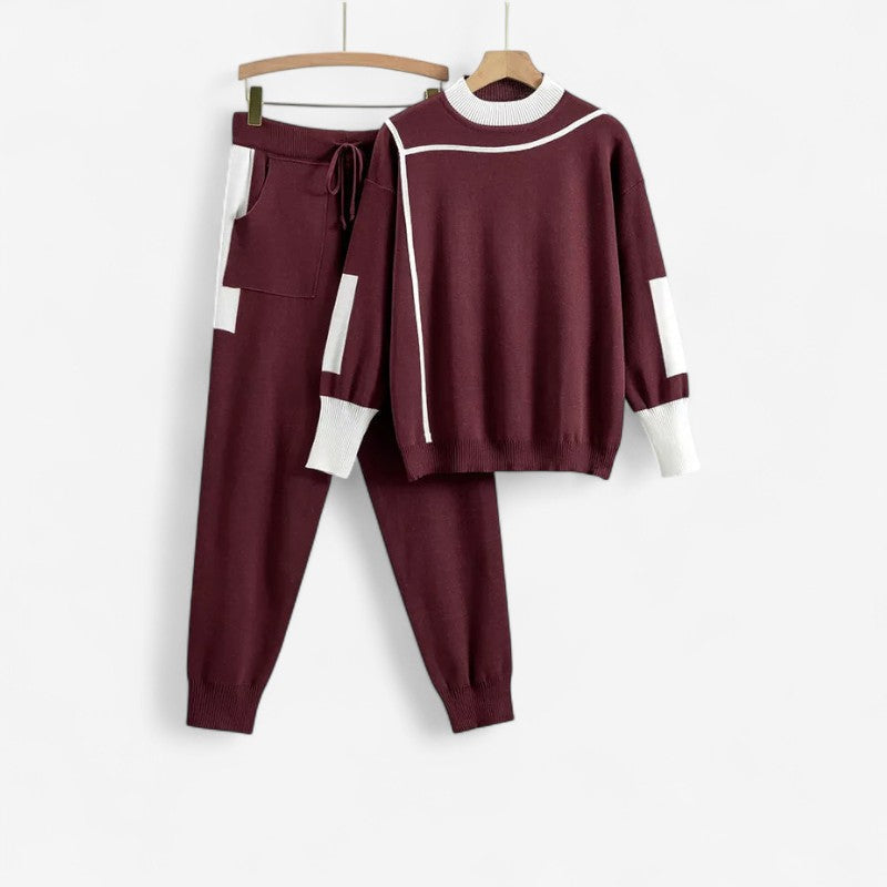 Women's Contrast Trim Long-Sleeve Top and Drawstring Trousers Set – Relaxed Two-Piece Casual Outfit for Everyday Wear