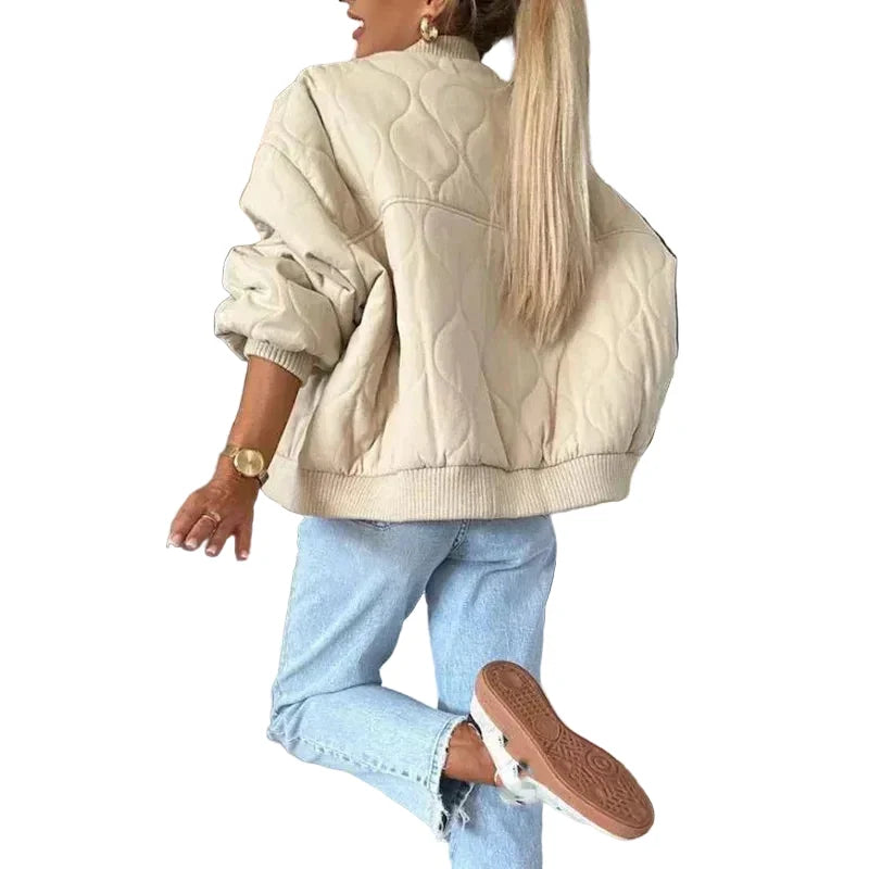 Women's Quilted Bomber Jacket with Ribbed Collar and Elasticated Cuffs – Relaxed Fit Short Padded Autumn Jacket for Casual Everyday Streetwear and Comfortable Seasonal Layering