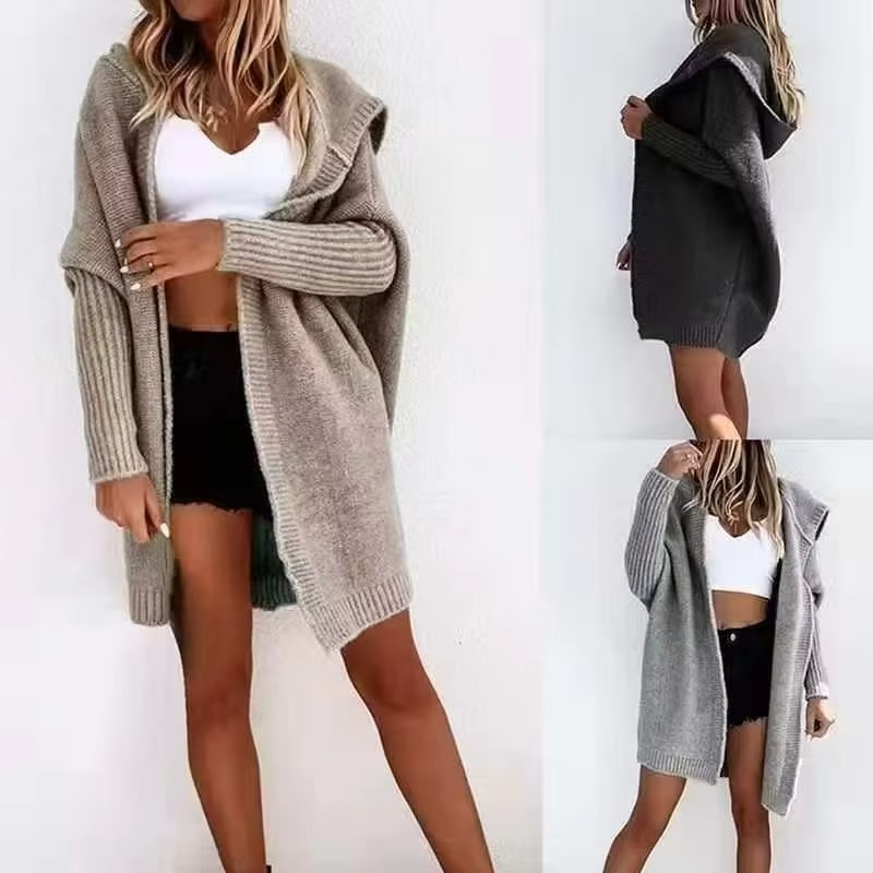 Women's Knit Hooded Cardigan with Batwing Sleeves