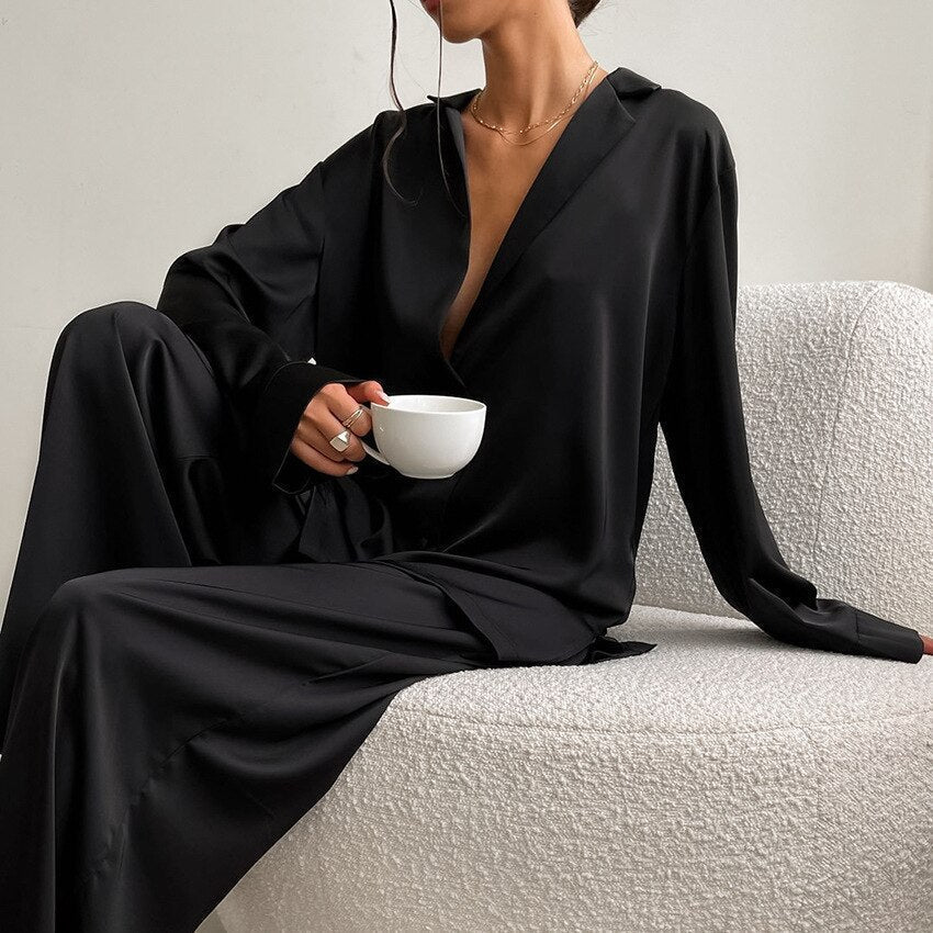 Women's Satin Wide Leg Pyjama Set | Button-Up Lounge Set